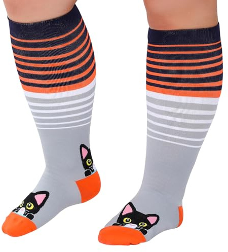 PUTUO Kompressionsstrümpfe Dicke Waden für Damen: Stützstrümpfe Übergröße Herren Medizinische Thrombosestrümpfe Frauen Bunte Katzen Muster Kompressionssocken für Sport Flug Reise Grau 6XL 1 Paare