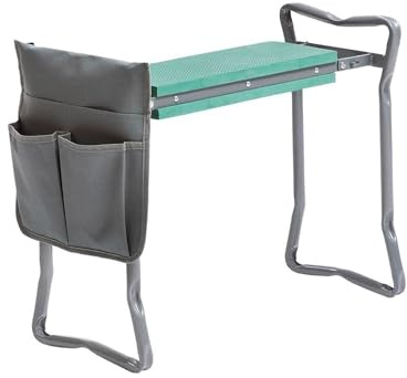 Avilia Sedia da Giardinaggio Pieghevole - Sgabello con Borsa per Attrezzi, 2 Posizioni, Richiudibile, in Ferro e Tessuto Oxford, 60x49x27.5cm, Grigio e Verde