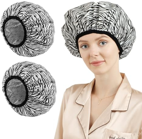 2 Pack Deep Conditioning Hair Cap,Hair Cap for Oil Treatment,Duschhaube damen wasserdicht,Haarhaube Färben,Shower Cap and Heat Cap Two Uses (Schwarz-weiß gestreift)