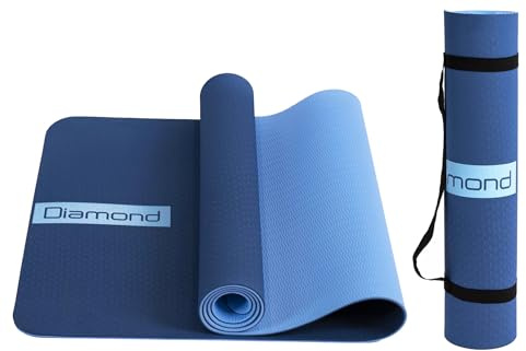 Tappetino Yoga DIAMOND - Tappetino Fitness Bicolore in TPE Antiscivolo, Ecologico [183x61cm, Spessore 0.6cm] Tappetino da ginnastica,yoga,fitness,allenamento, pilates, con tracolla (BLU/AZZURRO)