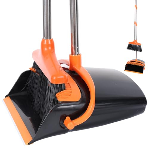 Utdragbar 137 cm inomhuskvast och sopskyffel set för hemmakontor, långt handtag kvast med upprätt stående stående sopskyffel (orange)