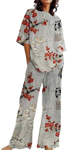 Generico Vestaglia O Kimono Donna Abiti Estivi per Donna 2 Set di Lino in Cotone T-Shirt Oversize Pantaloni a Gamba Dritta Tuta Taglie Forti Pigiama Donna 7XL