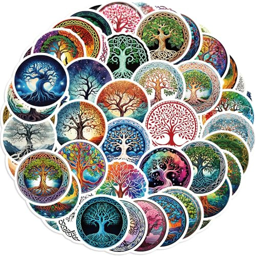 50 Stück Lebensbaum Aufkleber Auto Laptop Telefon Gitarre Skateboard Motorrad Fahrrad Tree of Life Stickers Set Vinyl Wasserdicht Aesthetic Aufkleber für Jugendliche Kinder Erwachsene