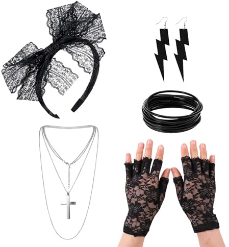 FUIPVGI 5 Stücke Damen 80er Jahre Outfit Accessoires, Schwarz 80er Jahre Retro Party Set, Spitze Stirnband Ohrringe Fischnetz Handschuhe, Halskette Armband für Karneval Fasching Mottoparty