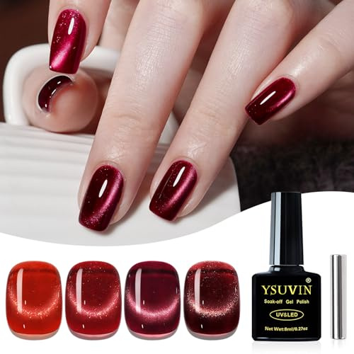 YSUVIN Smalto Semipermanente Unghie Magnetico, 4 Colori Rosso 9D Cat Eye Semipermanente con Magnete, Glitter Rosso Scuro Bordeaux Smalto Unghie, Soak Off UV/LED Per Nail Art Salone, 8 ML