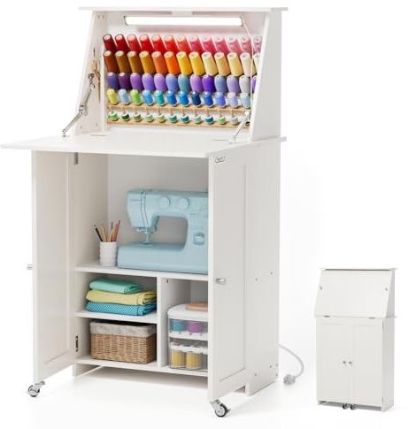 Crafit Nähtisch, Nähmaschinen-Schreibtisch mit Unterschrank-Lichtern, Ladestation, 65 Spulen, Fadenregal, Mehrzweck-Aufbewahrung, Arbeitsplatz, Tische mit Organizer-Regalen, kompaktes Design