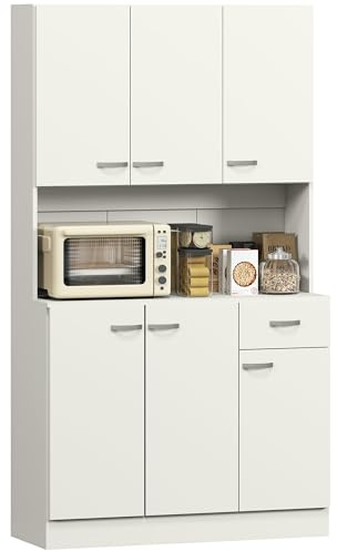 HOMCOM 180cm Tall Kitchen Cupboard Freestanding 6 Doors Drawer Cream White | Storage Cabinet, Adjustable Shelves, Open Countertop, Dining Room, Craft, Cream Colour Kitchen Unit