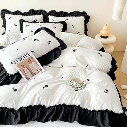 Lanqinglv Juego de ropa de cama 200x220 Blanco Negro Flores con volantes, conjunto de ropa de cama con bordado romántico de microfibra, juego de ropa de cama Oeko-TEX, funda nórdica 200x220 y 2 fundas