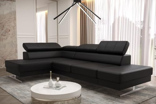 Ecksofa Emporio MINI 300x180 cm aus Echtleder – modernes Ledersofa mit verstellbaren Kopfstützen, silbernen Füßen – Eckcouch Links oder rechts wählbar – Premium Design Sofa (Schwarz, Links)