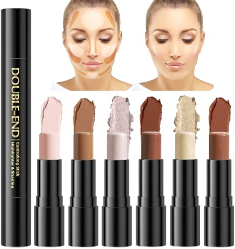 6 Farben Creme Contour Stick Makeup Kit, 3PCS Double-End Highlighter Stick Bronzer Contouring Stick Kit für Sculpt die Wangen, Long Lasting Waterproof Concealer Stick Kit für alle Hauttypen