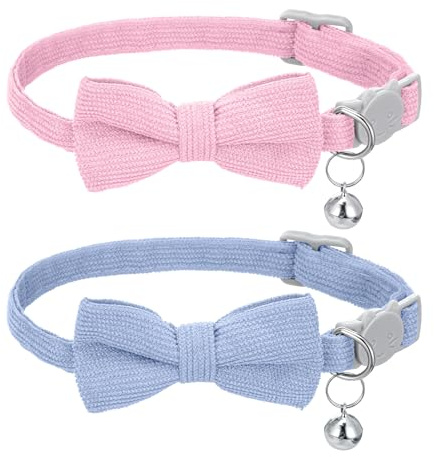 HaiFafafaing 2-pack kattunge halsband med klocka och fluga, mjuka manchester kattkragar med avtagbara, justerbara brytsäkra kattungar halsband för husdjur (rosa och ljusblå)