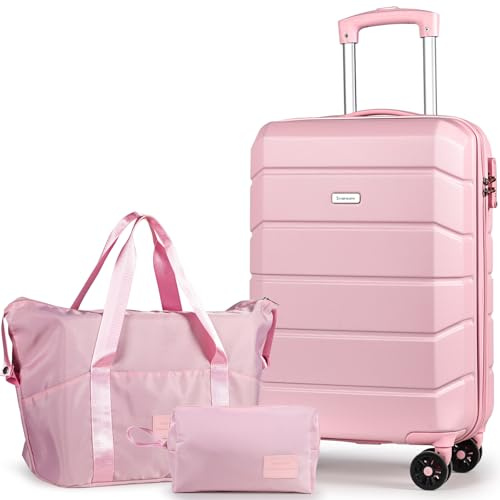 Tavoxda Cabin Suitcase Set 3 Piece, 20 Inch Small Carry On Luggage-Pink | ABS Hard Shell Luggage with Travel Tote and Toiletry Bag, Travel Suitcase with Spinner Wheels for Men, Women
