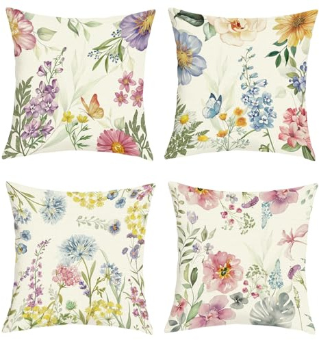 Joymaison Housse Coussin 45x45 Lot de 4 Fleurs Sauvages Papillons Printemps