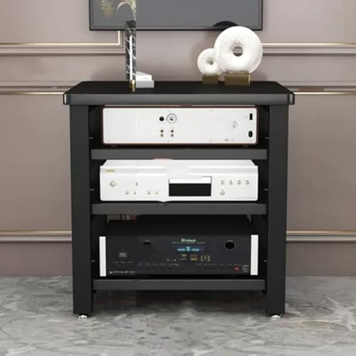 Generico Mobiletto Stereo AV Nero - Supporto per archiviazione multimediale a 4 Livelli, Torre Audio in Legno e Metallo per Giradischi, Organizer Compatto per componenti Audio, Elegante Mobile per Ho
