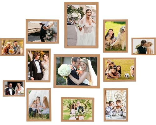 wintfarm 12 Pack Multi Photo Frame,Gallery Collage Photo Frames for Wall or Tabletop Display,Family Picture Frame Including Four 4x6, Four 5x7, Two 6x8, Two 8x10 Inch,12 Non-Trace Nails (Oak)