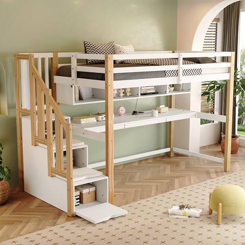 Seyakany Lit Mezzanine Enfant avec escalier de Rangement 90x200,lit superposé Enfant 90x200,avec Grand Bureau et étagères,peintures écologiques,Bois Massif + MDF,Naturel et Blanc
