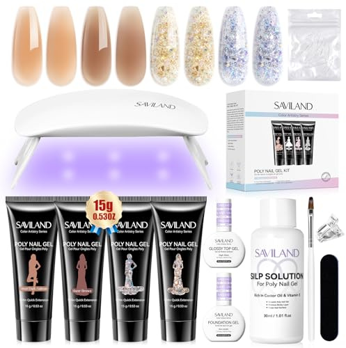 SAVILAND Poly Nail Gel Set: Snabbt och enkelt med nagellampa 4 färger Transparenta och glittriga naglar Närande och varaktig glans Allt-i-1 DIY Manikyrset för kvinnor hemma