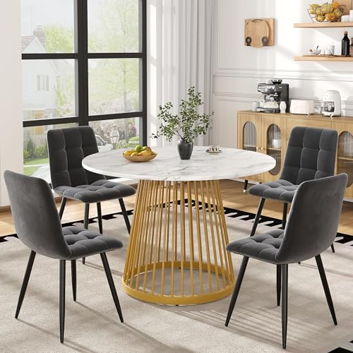 Kebnor modernes Esstisch-Set (5-teilig), (mit 4 Stühlen), Küchen-Esstisch-Set, runder Küchentisch mit 80 cm Durchmesser und Metallbeinen, MDF-Platte, Samtstühle (goldenen+weiß)