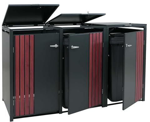 Mendler 3er-Mülltonnenverkleidung HWC-O67 - anthrazit Holzoptik dunkel | Mülltonnenbox, mit Deckel, Metall, 122x200x84cm, 83kg