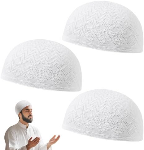 SAIIURV 3 Stück Herren Totenkopfmütze, muslimische islamische Gebetsmütze, Topi Kufi, Kopfbedeckung, Kleidung, weiß, für Erwachsene, gehäkelt, Taqiyah Takke, Kopfbedeckung, Gebetskappe