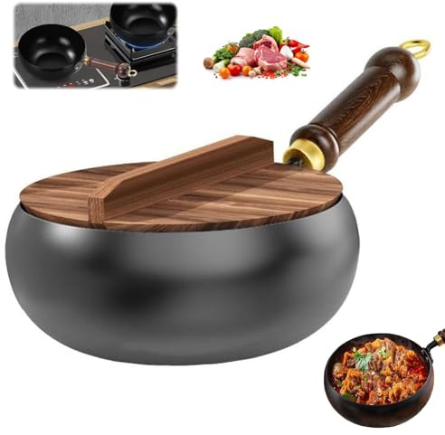 EUUEKathy Uncoated Iron Pan, Belly Shape Frying Pan with Wooden Lid, 24cm Hand Forged Iron Big Belly Pot, Non Stick Wok, Versatile Cooking Vessel, for Gas Stove and Induction