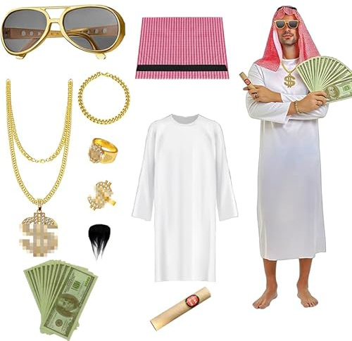 Mino Plus Vestido de Jeque Adulto,Conjunto de Disfraz jeque,Disfraz Jeque Arabe Con Pañuelo En La Cabeza,Arabian Costume Hombre,Adecuado para El Carnaval, Fiesta, Cosplay (B, L)