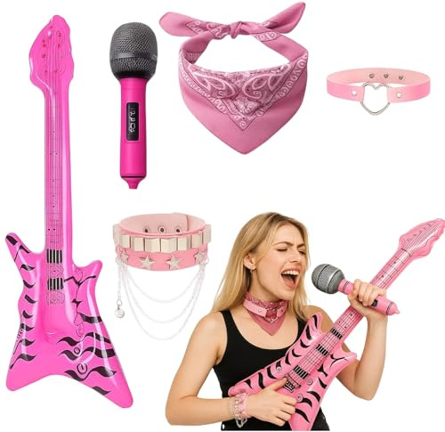 luftgitarren zum aufblasen, 5-teiliges Kinder-Rockstar-Set Mit Mikrofon, Aufblasbare Gitarre, Luftgitarren Zum Aufblasen, Halskette, Stirnband Und Armband, Ideal Für Rollenspiele Und Kinderpartys