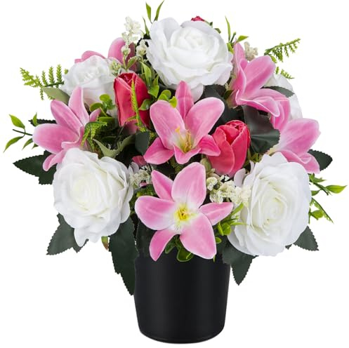 SIFOEL Artificial Cemetery Flowers for Grave, Funeral Flowers Artificial Silk Rose Lily Tulip in Pot for Graveside Cemetery Outdoor Decoration (1pc, White & Pink)