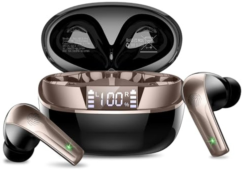 Bluetooth Kopfhörer, Kopfhörer Kabellos Bluetooth 5.4 HiFi-Klangqualität mit ENC Mikrofon, 47Std Spielzeit In Ear Ohrhörer mit IP7 Wasserdicht, Ohrhörer mit LED Anzeige für IOS/Android, Schwarzgold