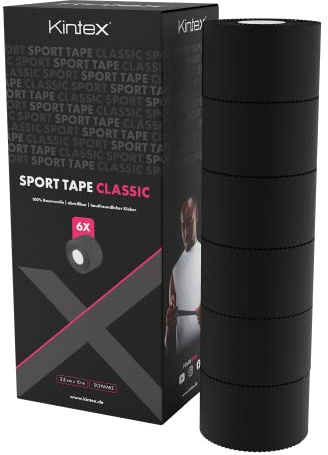 Kintex sporttejp, 6 rullar, 3,8 cm x 10 m, oelastisk, styv tejp, för fixering och stabilisering av leder, fingertejp, tejp, hudvänlig, slitstark (svart)