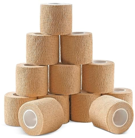 Ever Ready First Aid Self Adherent Cohesive Wrap Bandages, 2” x 5 Yards for First Aid, Sprains, Swelling, Sports, Pets, Tan Color – 12 Count