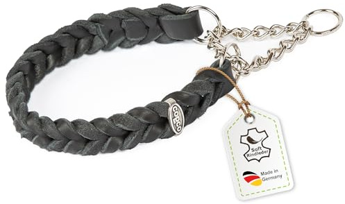 CopcoPet Fettleder Halsband 35–40cm x 20mm Schwarz – Geflochten mit Zugstopp-Kette – Robust & weich – Verchromte Kette – Lederhalsband für kleine Hunde, Training & Alltag