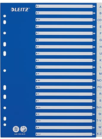 Leitz register för A4, kartong och 20 skiljeblad av plast, siffror med alfabetiskt tryck A-Z, blå/vit, 12536001