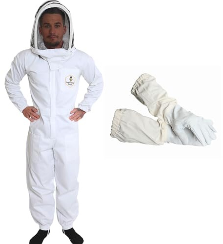 FOREST BEEKEEPING SUPPLY Professional Bee Suit with Gloves – Premium Cotton Beekeeper Suit, Includes Detachable Fencing Veil & Goatskin Bee Gloves, Complete Protective Gear Kit - Medium
