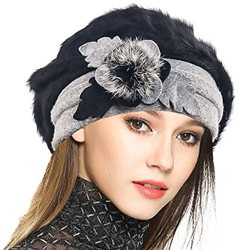 VECRY Damen Wolle Barette Angola Kleid Beanie Schädel Mützen Stricken Winter Hüte (Schwarz)