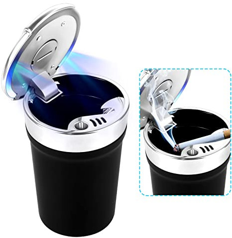 Haisheng 1PCS Car Ashtray, Portable Car Cigarette Holder Smokeless Flame Retardant Vehicle Ashtray Cigarette Ashtray with Blue LED Lights for Car Home Office Living Room(Black)