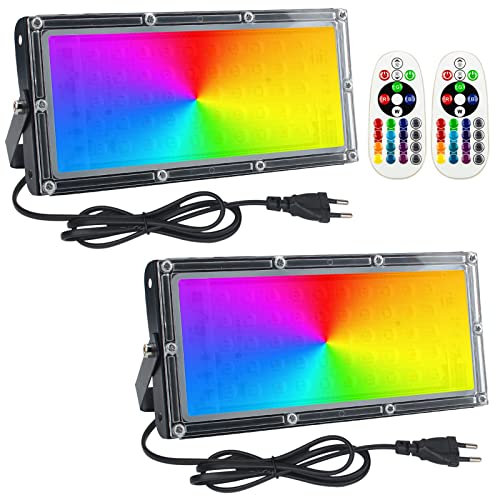 Eleganted RGB Faretto Led da Esterno 50W, 2pcs IP65 Faretto LED Cambio Colore RGB Modalità di Strobo DIY, con Telecomando 16 Colori 4 Modalità per DJ discoteca, Halloween, feste, giardino,Cortile