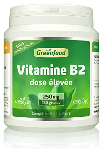 Greenfood Vitamine B2 (riboflavine), 250 mg, dose élevée, 180 gélules - Sans additifs artificiels. Sans génie génétique. Vegan.