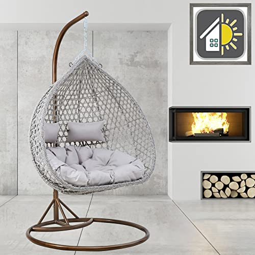 GOODS EMPORIUM Luxury Hanging Rattan Double Egg Chair Indoor & Outdoor Garden Swing Chair Cocoon Relaxing Hammock with Cushions - RAIN COVER INCLUDED (Double, Brown - Grey - Grey)