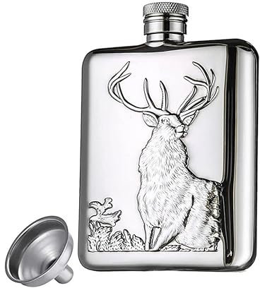 qsebhnj Flasque pour Hommes d'alcool, Flasque de Hanche en Acier Inoxydable de 6 Oz, Poche éTanches Portables Whisky Flagon,Cadeau Personnalisé de Motif de Cerf Fini à la Main