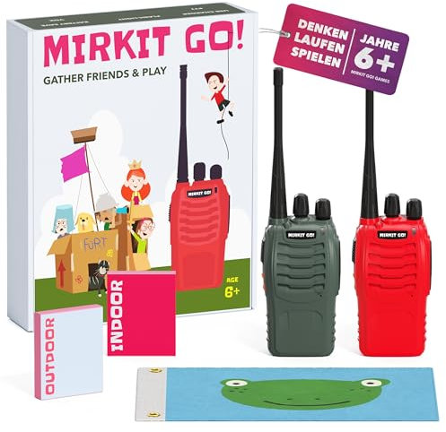 Mirkit go 2X Kids Walkie Talkie & 4 Spiele für Kinder. Schnitzeljagd, Fahneneroberung, Polizei, Versteckspiel. Kinder Funkgeräte + Gratis Handschellen
