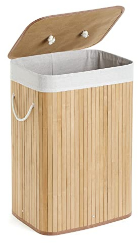 Mondeer tvättkorg i bambu 72 L, tvättkorg med handtag avtagbart tvättbart foder, för sovrum badrum eller tvättstuga, 40 x 30 x 60 cm, naturlig