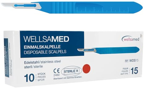 Wellsamed Einmalskalpelle Edelstahl mit Halter, Figur 15, 10 Stück, steril verpackt