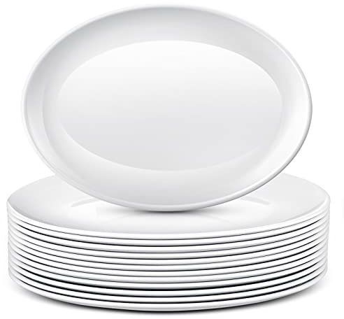 Dandat 12 Pcs Plastic Large Serving Platter Oval Serving Trays White Serving Plates Plastic Serving Dish for Turkey Meat Steak Fish Appetizers for Valentine's Day Party (12 Inch)