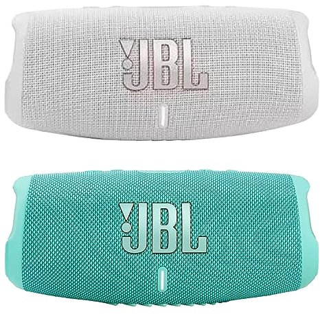 JBL Charge 5 - Waterproof Portable Bluetooth Speaker - White/Teal (Pair)