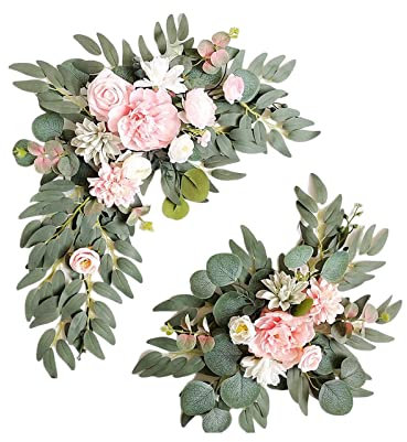 belupai 2 Stück Hochzeitsbogen-Blumen für Zeremonie, Künstliche Rosen-Pfingstrosen-Blumengirlanden, Rustikale Gefälschte Hortensien-Sonnenblumen-dekorative Girlanden für Hochzeitsschild,(Rosa)
