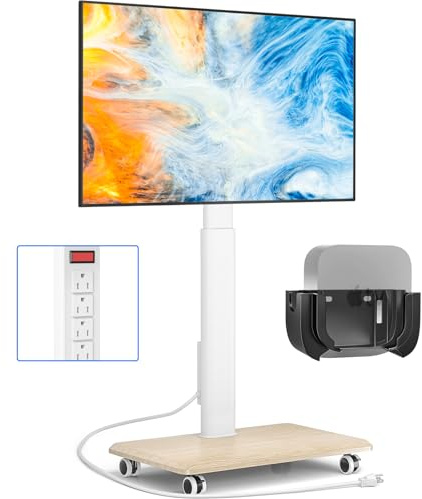 Rfiver Sleek Rolling TV Stand with Power Outlet for Home Decor, Height Adjustable Portable TV Stand on Wheels for 32-70 Inch TVs, Strong Tall Mobile TV Cart with Mount Up to 88 lbs, White