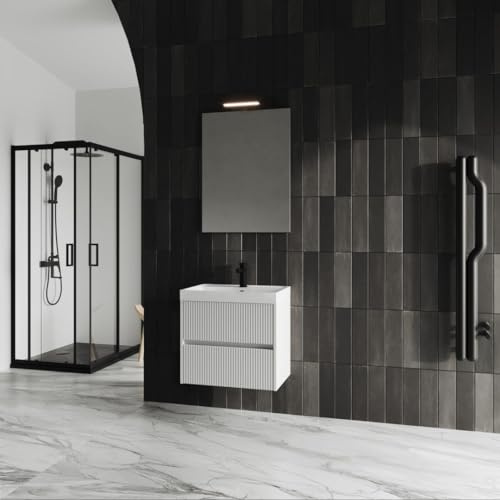 Kiamami Valentina Mobile Bagno Sospeso 60 Cm Bianco Lucido Cannettato | 2 cassetti soft close, lavabo in resina bianco lucido, specchio 60x80 cm incluso, MDF, profondità 40 cm