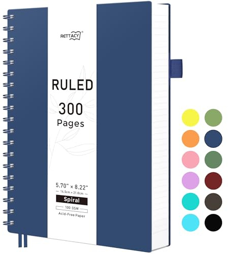 RETTACY A5 anteckningsblock, anteckningsbok, spiralbundna anteckningsböcker, 150 ark/300 sidor att skriva, 100 g/m² collegelinjerat papper, PVC-inbundet lock, 14,5 x 21 cm – marinblå