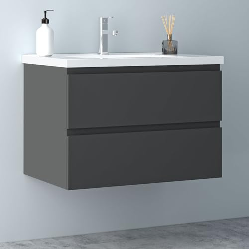 Biubiubath Badezimmermöbel 80cm Keramik Waschtisch mit Unterschrank Badmöbel Set Badezimmerschränke mit 2 Soft-Close Schubladen Dunkelgrau Matt